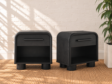 Load image into Gallery viewer, Pair of Vivienne charcoal one drawer nightstands with curved corners, open lower shelves and rounded feet
