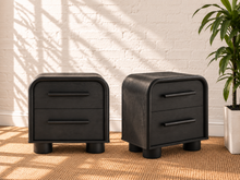 Load image into Gallery viewer, Pair of Vivienne charcoal two drawer nightstands with curved silhouettes, elongated pulls and rounded feet
