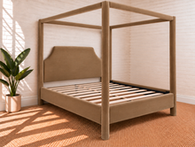 Load image into Gallery viewer, Image 4 of 4: Pineda Queen-Size Canopy Bed in Desert Mocha velvet with upholstered canopy frame and sculpted headboard
