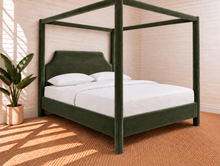 Load image into Gallery viewer, Image 1 of 4: Pineda Queen-Size Canopy Bed in Shadow Olive velvet with upholstered canopy posts and sculpted headboard
