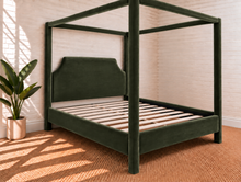 Load image into Gallery viewer, Image 4 of 4: Pineda Queen-Size Canopy Bed in Shadow Olive velvet with upholstered canopy posts and sculpted headboard
