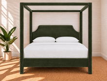 Load image into Gallery viewer, Image 2 of 4: Pineda Queen-Size Canopy Bed in Shadow Olive velvet with upholstered canopy posts and sculpted headboard
