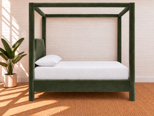 Load image into Gallery viewer, Image 3 of 4: Pineda Queen-Size Canopy Bed in Shadow Olive velvet with upholstered canopy posts and sculpted headboard
