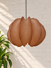 Load image into Gallery viewer, Piper hanging lamp in terracotta resin with overlapping curved panels, a rounded sculptural silhouette, textured surface, and dark cord suspension.
