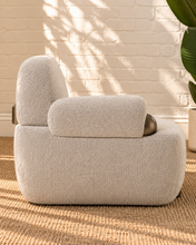 Load image into Gallery viewer, Quentin ivory gray upholstered accent chair with rounded arms, textured fabric and antique brass-finished metal accents.
