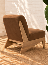 Load image into Gallery viewer, Raven mocha brown upholstered armless accent chair with exposed light wood frame, angled side supports and cushioned seat and back.
