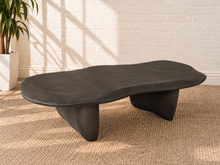 Load image into Gallery viewer, Reece black brown Fiberform coffee table with free-form organic tabletop and two sculptural curved legs.

