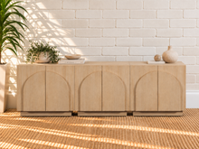 Load image into Gallery viewer, Regina 3-Piece Buffet Credenza in Blonde Oak with arched door detailing, interior shelving, and Art Deco design
