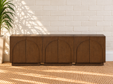 Load image into Gallery viewer, Regina 3-Piece Buffet Credenza in Brown Walnut with arched door detailing, interior shelving, and Art Deco design

