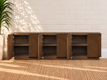 Load image into Gallery viewer, Regina 3-Piece Buffet Credenza in Brown Walnut with arched door detailing, interior shelving, and Art Deco design
