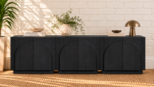 Load image into Gallery viewer, Regina 3-Piece Buffet Credenza in Charcoal with arched door detailing, interior shelving, and Art Deco design
