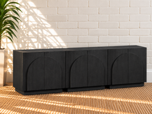 Load image into Gallery viewer, Regina 3-Piece Buffet Credenza in Charcoal with arched door detailing, interior shelving, and Art Deco design
