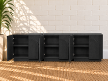 Load image into Gallery viewer, Regina 3-Piece Buffet Credenza in Charcoal with arched door detailing, interior shelving, and Art Deco design
