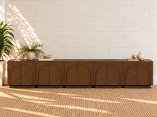 Load image into Gallery viewer, Regina 5-Piece Buffet Credenza in Brown Walnut with arched door detailing, interior shelving, and Art Deco design
