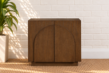 Load image into Gallery viewer, Regina Buffet Credenza in Brown Walnut with arched door detailing, interior shelving, and Art Deco design
