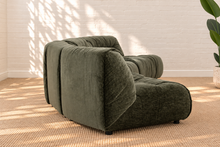 Load image into Gallery viewer, Reid five piece curved modular sectional sofa in forest sage green textured upholstery with plush channel detailing and low-profile armless seats.
