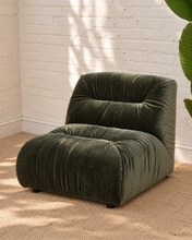 Load image into Gallery viewer, Reid five piece curved modular sectional sofa in forest sage green textured upholstery with plush channel detailing and low-profile armless seats.

