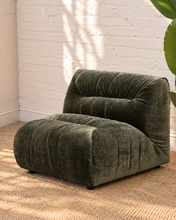 Load image into Gallery viewer, Reid five piece curved modular sectional sofa in forest sage green textured upholstery with plush channel detailing and low-profile armless seats.

