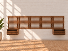 Load image into Gallery viewer, Ricos Walnut Queen wall-mount headboard with matching slatted nightstands and full-glide drawers.
