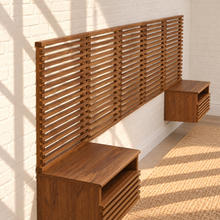 Load image into Gallery viewer, Ricos Walnut Queen wall-mount headboard with matching slatted nightstands and full-glide drawers.
