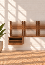 Load image into Gallery viewer, Ricos Walnut Queen wall-mount headboard with matching slatted nightstands and full-glide drawers.
