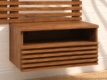 Load image into Gallery viewer, Ricos Walnut Queen wall-mount headboard with matching slatted nightstands and full-glide drawers.
