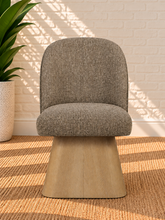 Load image into Gallery viewer, Rivas Cocoa Tweed upholstered swivel dining chair with curved back and Blonde Oak solid wood base
