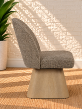 Load image into Gallery viewer, Rivas Cocoa Tweed upholstered swivel dining chair with curved back and Blonde Oak solid wood base

