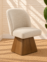 Load image into Gallery viewer, Rivas ivory upholstered swivel dining chair with curved back and natural walnut-finish base

