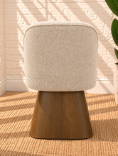 Load image into Gallery viewer, Rivas ivory upholstered swivel dining chair with curved back and natural walnut-finish base

