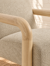 Load image into Gallery viewer, Riviera warm ivory bouclé lounge chair with rounded natural wood arms and upholstered seat and back
