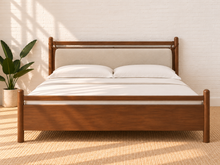 Load image into Gallery viewer, Rocco King platform bed with Walnut rubberwood frame, Greige heathered fabric headboard pillow, and faux leather straps.
