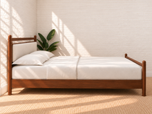 Load image into Gallery viewer, Rocco King platform bed with Walnut rubberwood frame, Greige heathered fabric headboard pillow, and faux leather straps.
