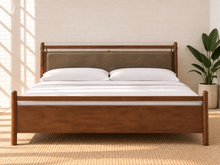Load image into Gallery viewer, Rocco King platform bed with Walnut rubberwood frame, Taupe faux leather upholstered headboard pillow, and decorative leather straps.
