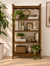 Load image into Gallery viewer, Image 2 of 5: Romina 4-Tier Bookcase in Brown Walnut with four open shelves, scalloped wave detailing, and rounded ball finials
