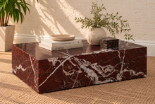 Load image into Gallery viewer, Ruby rectangular coffee table handcrafted from deep Merlot genuine marble with dramatic white and gray natural veining.
