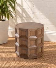 Load image into Gallery viewer, Rylan warm walnut geometric side table with faceted polygonal top, recessed wood panels and dimensional beveled detailing.
