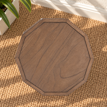Load image into Gallery viewer, Rylan warm walnut geometric side table with faceted polygonal top, recessed wood panels and dimensional beveled detailing.
