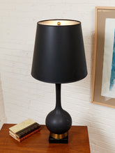 Load image into Gallery viewer, Mid Century American 1960's Black Ceramic Lamp With Brass and Wood Base
