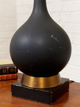 Load image into Gallery viewer, Mid Century American 1960's Black Ceramic Lamp With Brass and Wood Base
