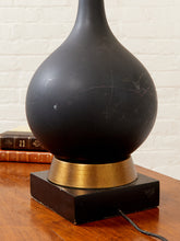Load image into Gallery viewer, Mid Century American 1960's Black Ceramic Lamp With Brass and Wood Base
