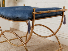 Load image into Gallery viewer, 1960s Vintage Mid Century Blue Tufted/ Gold Metal Frame Vanity Bench
