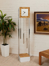 Load image into Gallery viewer, Faux Burlwood 1970’s Mid-Century Modern Grandfather Clock

