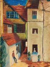 Load image into Gallery viewer, Courtyard Scene Figurative Architectural Painting with Village Buildings by Evelyn M Bugbee
