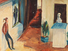 Load image into Gallery viewer, Courtyard Scene Figurative Architectural Painting with Village Buildings by Evelyn M Bugbee
