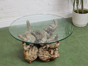Petrified 1960s Brown Wood Coffee Table Glass Top