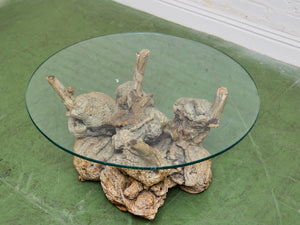 Petrified 1960s Brown Wood Coffee Table Glass Top