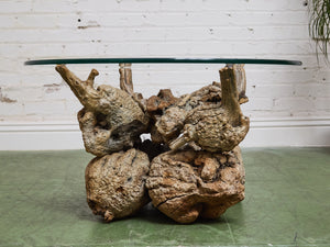 Petrified 1960s Brown Wood Coffee Table Glass Top