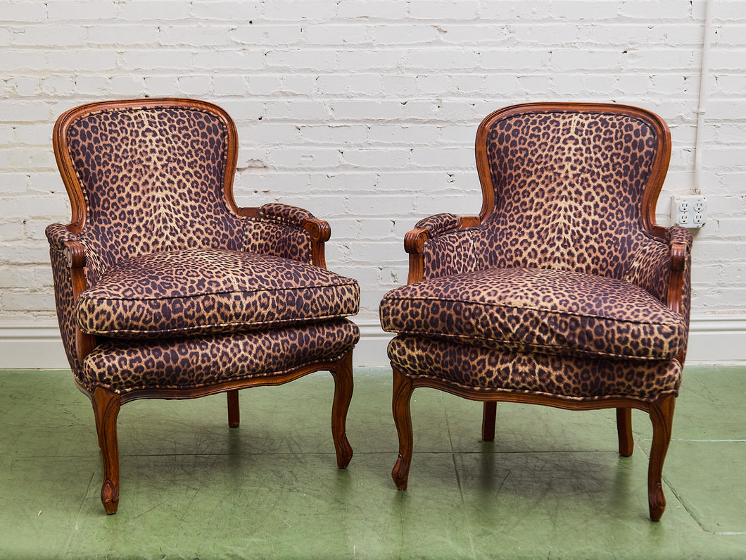 French Louis XV Style Bergere Chair with a Leopard Print Upholstery