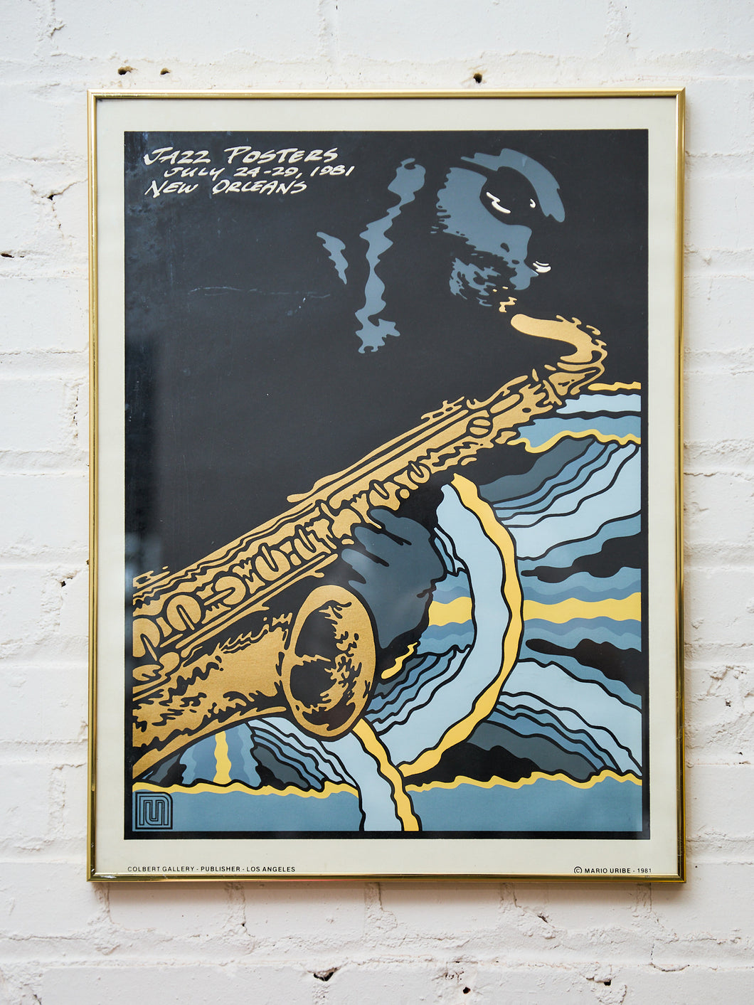 Mario Uribe Jazz Poster – 1981 New Orleans Exhibition (Colbert Gallery, Framed)